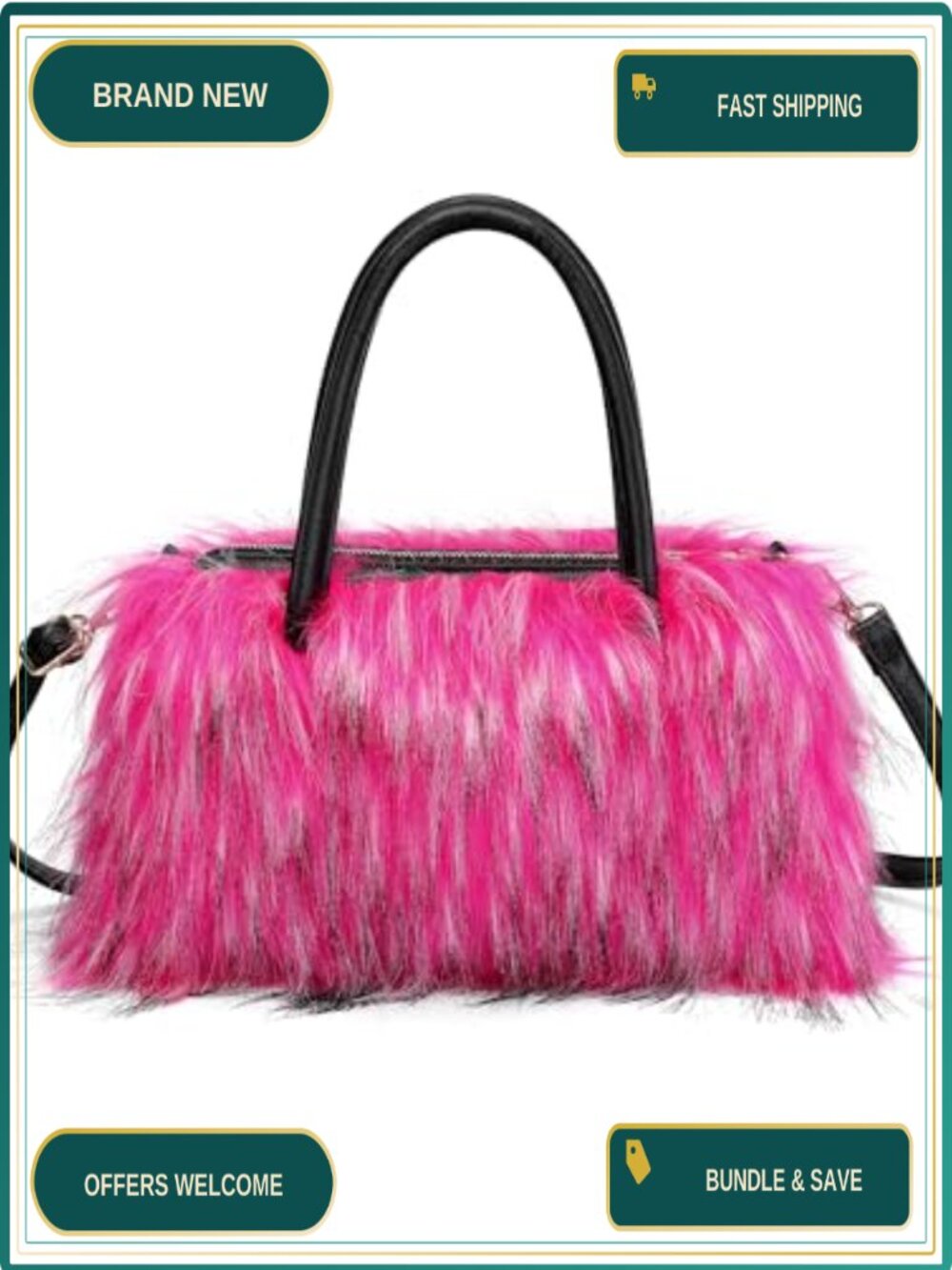 Faux Fur Tote Bag Faux Leather Trim Crossbody Women Handbag